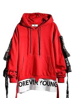 Hello MrLin Herren Techwear Streetwear Hip Hop Fashion Hoodie Japanische Harajuku Outfits, rot, XXL von Hello MrLin