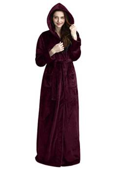 Langer Bademantel mit Kapuze für Damen, luxuriöses Flanell-Fleece, volle Länge, für den Winter, warm, Pyjama, Dusche, Nachthemd, weinrot, Medium von Hellomamma