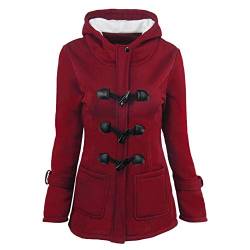 Damen-Fleece-Mäntel, dick, Winterjacke, modisch, Horn, Knopf, mit Kapuze, warm, Jacke, robust, winddicht, wasserdicht, mit Taschen, rot, 52 von Henagehde