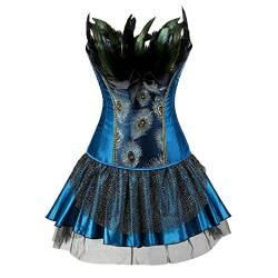 Hengzhifeng Damen Corsage mit Rock Steampunk Pfau Feder Korsett Karnevals Party Korsage Kostüm (EU 30-32,Blau) von Hengzhifeng