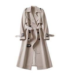 Damen Vintage Trenchcoat Lang Parker Klassisch Zweireihig Jacke Elegant Einfarbig Langarm Revers mit Gürtel Slim Fit Overcoat Outwear Gr. 50, beige von Hengzi