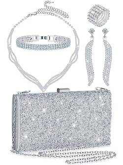 Henoyso 5-teiliges Strass-Schmuck-Set mit Strasssteinen, Clutch, Geldbörse, Hochzeit, Braut, Abschlussball, Schmuck, Halskette, Ohrringe, Armbänder für Damen, Graceful Style, Polyester, Strass, von Henoyso