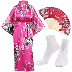 Heone Kimono Satin Pfau bedruckte leichte Strickjacke Jacke Mantel Yukata Umhang Bademantel Tops Faltfächer Tabi Socken Set, Rosenrot, S/L von Heone
