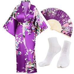 Japanischer Kimono-Satin-Pfauen-Druck, leichte Strickjacke, Yukata-Bademantel, Tops, faltbare Fächer, Tabi-Socken, Haarnadel, Dunkles Violett, S/L von Heone