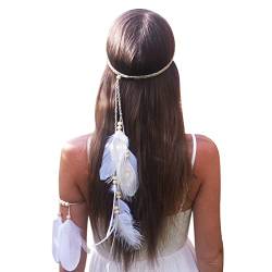 Böhmische Pfau Feder Kopfschmuck Stirnband,Vintage Indische Kopfbedeckung Quaste Geflochten mit Holzperle Stirnbänder Hippie Boho Haarband 1920er Jahre, Festival, Haarschmuck für Damen und Mädchen von Herbests