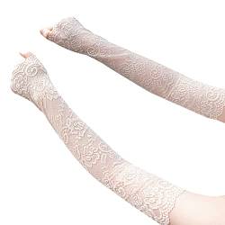 Spitze Fingerlose Handschuhe, Ellenbogen Lang Spitze Blumen Hochzeithandschuhe Sommer Sonnenschutz Handschuhe Hochzeit Party Abend Handschuhe Fahrhandschuhe Armstulpen für Radsport für Damen,Beige von Herbests