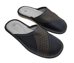 Hausschuhe Lederpantoffel Schuhe aus Leder Herren Pantoletten Schlappen mit Leder-Innensohle Herrenhausschuhe Dunkelblau Größe 40,41,42,43,44,45,46 (Numeric_42) von Herby