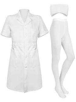 Hercicy 3-teiliges Set, weiß, kurzärmelig, professionell, medizinisch, für Krankenschwestern, Hut, Stirnband, Krankenschwestern, Kappe, einfarbig, mit Fuß, für Damen (2XL) von Hercicy