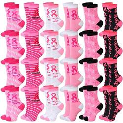 Hercicy 48 Paar Brustkrebs-Bewusstseinssocken, weiche rosa Crew-Socken, Großpackung mit rosa Band, Brustkrebs, Geschenke für Frauen, Jugendliche, Sport, Fußball, Cheer Zubehör, Mehrfarbig, von Hercicy