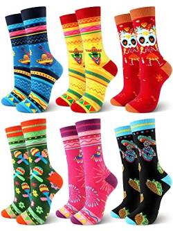 Hercicy 6 Paar mexikanische Socken für Erwachsene, mexikanische Fiesta-Party-Socken, Neuheit, Unisex, lustige Baumwolle, Crew-Socken, Mexiko, Karneval, Party, helle Farbe, Einheitsgröße von Hercicy