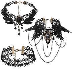 3 Stück Spitzen Choker Halsketten Set für Damen Schwarze Spitze Ketten Vintage Halsband Lolita Kostüm Zubehör für Halloween Party (Retro) von Herdear