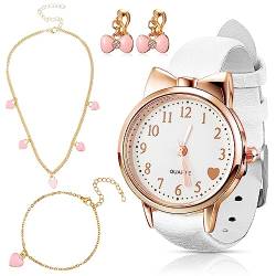 4 Stück Kinderuhr und Versilbertes Schmuckset Enthalten Mädchen Leder Armbanduhr Halskette 1 Paar Ohrringe und Armband für Kinder, Mädchen Geburtstagsgeschenke (Weiß) von Herdear