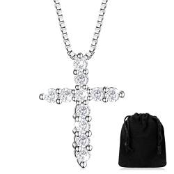 Damen Kreuz Kette Weiß Vergoldete Halskette mit Kreuz Diamant Anhänger Weißer Kristall Kreuz Diamant Halskette Schmuck für Frauen Mädchen Geschenk (Silber) von Herdear
