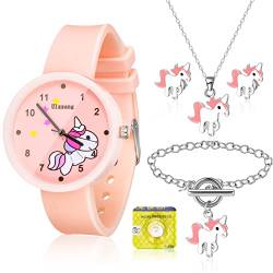 Einhorn Kinderuhr mit Einhorn Kinder Schmuckset Rosa Niedliche Cartoon Armbanduhr Einhorn Halskette Armband Ohrringe für Kinder Mädchen Prinzessin Geburtstag Geschenke von Herdear