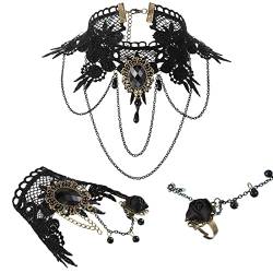 Schwarz Gotisch Choker Halskette mit Armband Set Spitze Halsband und Punk Vintage Handgefertigtes Retro Armband mit Perlen Anhänger Lolita Schmuck Set für Halloween Damen von Herdear