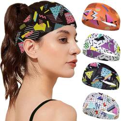 Herfair 4 Stück Haarreifen Damen Breite, Elastische Haarbänder Absorbierend Turbane, Stilvolle Graffitidruck Stirnbänder Gedrehter Turban für Yoga Sport (A) von Herfair