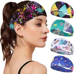 Herfair 4 Stück Haarreifen Damen Breite, Elastische Haarbänder Absorbierend Turbane, Stilvolle Graffitidruck Stirnbänder Gedrehter Turban für Yoga Sport (B) von Herfair