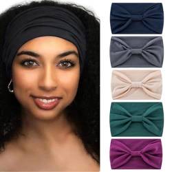 Herfair 5 Stück Haarreifen Damen, Breite Stirnband Haarbänder Elastische Stirnbänder, Einfarbig Haarschmuck Headband Absorbierend Turbane für Yoga Sport (B) von Herfair