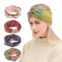 Herfair Haarreifen Damen, 4 pcs Breite Stirnbänder Elastische Haarbänder Gedrehter Turban, Absorbierend Turbane Boho Haarschmuck für Yoga Sport von Herfair