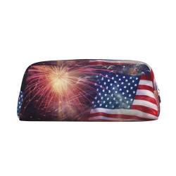 Federmäppchen Feuerwerk Amerikanische Flagge 4. Juli Leder Federmäppchen Tragbare Schreibwaren Organizer Bleistifthalter Make-up-Tasche mit Reißverschluss, silber, Einheitsgröße, Kosmetiktasche von HerfsT