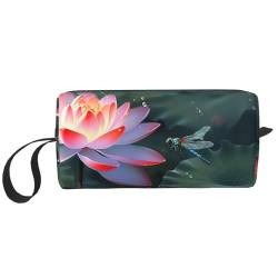 Make-up-Tasche für Damen, einfarbig, Rose, großes Fassungsvermögen, tragbare Kulturbeutel, Reiseaufbewahrung, Lotusblume und Libelle, Einheitsgröße von HerfsT