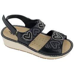Hergos, Damen-Sommer-Sandalen mit Perlenherzen und herausnehmbarem Fußbett, Schwarz, Schwarz , 36 EU von Hergos