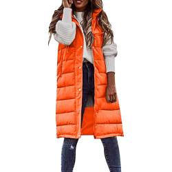 Hernyug Weste Damen Lang Steppweste Stehkragen gefüttert Ärmellose Lange Steppweste Winteroberbekleidung Daunenweste Einfarbig Leicht Warm Winterweste Daunenmantel Daunenjacke (Orange, L) von Hernyug