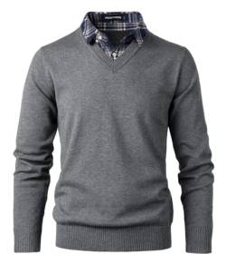 Herothorn Herren Strickpullover mit Mock Hemdkragen Pullover Soft Touch V-Ausschnitt Pullover Strickwaren Top mit Plaid & Wihte Kragen, A-Grau, XXL von Herothorn