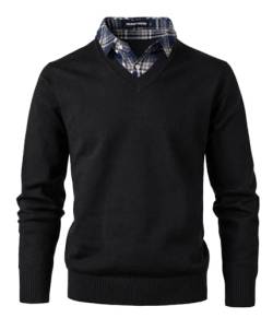 Herothorn Herren Strickpullover mit Mock Hemdkragen Pullover Soft Touch V-Ausschnitt Pullover Strickwaren Top mit Plaid & Wihte Kragen, A-Schwarz, XXL von Herothorn