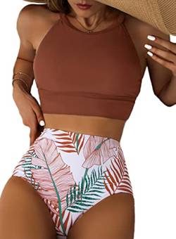 Herseas Damen-Bikini-Sets mit hohem Halsausschnitt, tropisches Blattmuster, hohe Taille, zweiteilige Badeanzüge, Badeanzüge, Ziegelrot, XS von Herseas