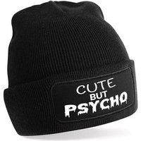 Herzbotschaft Beanie Strickmütze Beanie mit Spruch CUTE BUT PSYCHO (Mütze mit Aufdruck, Skimütze) Unisex SoftTouch angenehm weiche und warme Wintermütze Einheitsgröße von Herzbotschaft