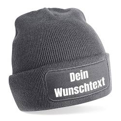 Herzbotschaft personalisierte Beanie Strickmütze mit Wunschtext | grau | Unisex SoftTouch angenehm weiche und warme Wintermütze | OneSize Einheitsgröße für Erwachsene von Herzbotschaft