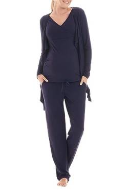 Herzmutter Stillpyjama-Set - 3-teilig - Umstands-Pyjama für Damen - Schwangerschafts-Wellness-Set - Hose-Top-Cardigan - 8100 (Dunkelblau, XXL) von Herzmutter