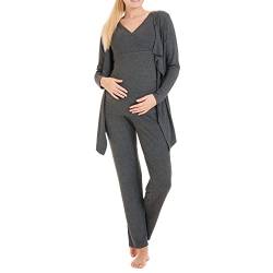 Herzmutter Stillpyjama-Set - 3-teilig - Umstands-Pyjama für Damen - Schwangerschafts-Wellness-Set - Hose-Top-Cardigan - 8100 (Dunkelgrau, S) von Herzmutter