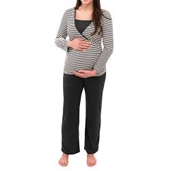 Herzmutter Stillpyjama-Umstandspyjama - Gestreifter Schlafanzug für Damen - weiche Nachtwäsche für Schwangerschaft - Stillfunktion - Langarm - 2100 (XL, Weiß/D-Grau) von Herzmutter
