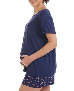 Herzmutter Stillpyjama-Umstandspyjama Kurz - Schlafanzug für Damen mit Muster - Pyjama-Set - Stillfunktion-Schwangerschaft - 2650 (S, Blau/Federn) von Herzmutter