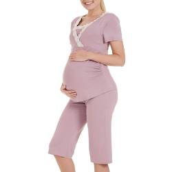 Herzmutter Stillpyjama-Umstandspyjama - Schlafanzug für Damen mit Spitze - Stillfunktion - Nachtwäsche für Schwangerschaft - Kurzarm - 2500 (XXL, Altrosa) von Herzmutter