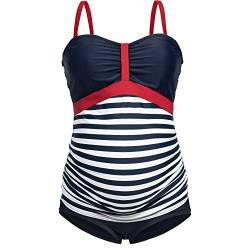 Herzmutter Umstandstankini-Schwangerschafts-Bademode - Zweiteiler-Badeanzug für Schwangere - Unterbauch-Hose - Bandeau-Tankini - 7000 2.0 (M, Gestreift) von Herzmutter