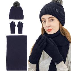Damen Mütze und Handschuhe Set Winter - Beanie-Schal-Handschuhe für kaltes Wetter | Weiche Thermo-Strickmütze mit Bommel, warme Beanie-Schal-Handschuhe zum Rodeln, Snowboarden, Camping, Skaten, Heshi von Heshi