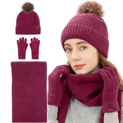 Damen Mütze und Handschuhe Set Winter | Stricken Sie einen warmen Beanie-Mützen-Schal,Warme Strickmütze aus weichem Fleece mit Bommel, Schal-Handschuhe zum Skaten, Reisen, Rodeln, Camping, Heshi von Heshi