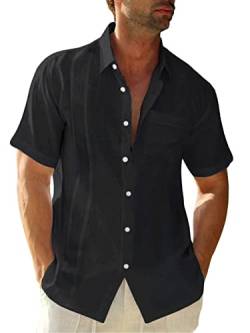 Hestenve Herren Kurzarm Cuban Camp Guayabera Hemd Leinen Baumwolle Hippie Strand Knopfleiste, 5-schwarz, L von Hestenve