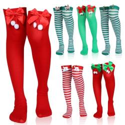 Hestya 6 Paar Weihnachten Oberschenkel Hohe Socken Frauen Über dem Knie Hohe Socken Weihnachtssocken Weiß Grün Rot Gestreifte Strümpfe, Lebendiger Stil, One size von Hestya