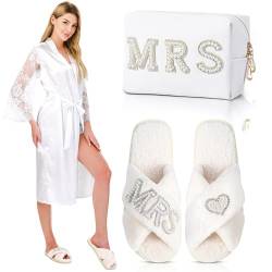 Hestya Set von 3 Braut Geschenken für Hochzeiten Weißer Bademantel Pantoffeln PU Leder Kosmetiktasche Morgenmantel für Brautparty Hochzeit Schlappen Schminktasche für Frauen von Hestya