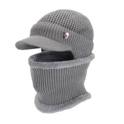 Heveer Herren Wintermütze Loop Schal Set Warme Strickmütze mit Krempe Weichem Gefüttert Ohrenschützer Hut für Outdoor Hellgrau von Heveer