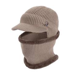 Heveer Herren Wintermütze Loop Schal Set Warme Strickmütze mit Krempe Weichem Gefüttert Ohrenschützer Hut für Outdoor Khaki von Heveer