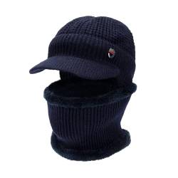 Heveer Herren Wintermütze Loop Schal Set Warme Strickmütze mit Krempe Weichem Gefüttert Ohrenschützer Hut für Outdoor Marineblau von Heveer