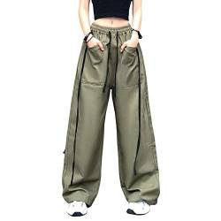 Hewlshawn Cargohose Damen Y2k Baggy Hose 90s Parachute Pants High Waist Straight Hosen Freizeithose mit Taschen Streetwear (Green,L) von Hewlshawn