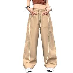 Hewlshawn Cargohose Damen Y2k Baggy Hose 90s Parachute Pants High Waist Straight Hosen Freizeithose mit Taschen Streetwear (Khaki,L) von Hewlshawn