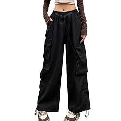 Hewlshawn Damen Cargohose Baggy High Waist Gotisch Y2k Straight Streetwear Elastische Taille mit Kordelzug Einstellbar Füße binden (Black,L) von Hewlshawn