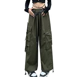 Hewlshawn Damen Cargohose Baggy High Waist Gotisch Y2k Straight Streetwear Elastische Taille mit Kordelzug Einstellbar Füße binden (Green,XL) von Hewlshawn